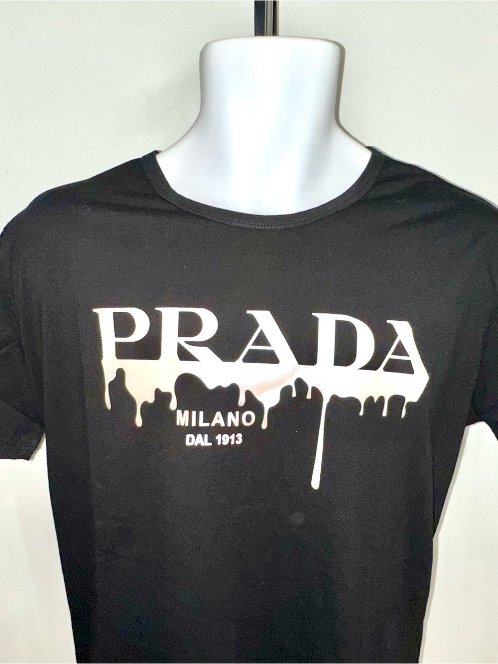 Prada Black Short-Sleeve Tee with White Drip Logo